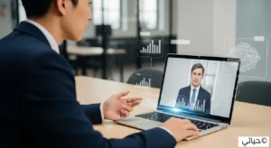 شخص يستخدم الحاسوب للتدريب على أسئلة المقابلة الشخصية باستخدام أدوات الذكاء الاصطناعي استعداداً للوظيفة