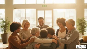 مجموعة من الأصدقاء يتبادلون الدعم والضحك، مما يعكس أهمية التواصل الاجتماعي في تخفيف ضغوط الحياة