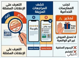 تجنب الإعلانات المضللة - اكشف الخدعة في 5 ثوانٍ 2 رسم توضيحي يظهر نجوم تقييم ذهبية خادعة تخفي وراءها حقيقة المنتجات المقلدة، تحذير من الانخداع بالمظاهر.
