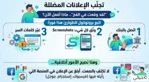 تجنب الإعلانات المضللة - اكشف الخدعة في 5 ثوانٍ 3 شخص يشعر بالصدمة والحيرة أمام شاشة الحاسوب بعد اكتشاف عملية احتيال، رمز لأهمية التصرف السريع بدلاً من الندم.