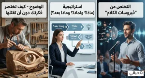 رسم توضيحي يعبر عن أهمية الوضوح في التواصل واختصار الأفكار لتصل للمستمع بسهولة