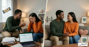 التعاطف في بناء علاقات إنسانية قوية - توقف عن "الإصلاح" 2 شريكان يجلسان بظهريهما لبعضهما، يعبران عن الوحدة الشعورية والفجوة التي يخلقها غياب التعاطف في العلاقة.