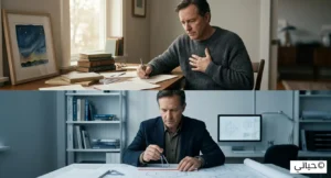 أسرار شخصية المحامي INFJ - لماذا تشعر بالغربة دائماً؟ 2 رسم تعبيري يظهر التوازن الحساس والصراع بين منطق العقل وعاطفة القلب لشخصية المحامي