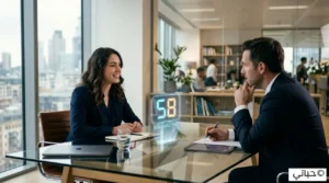 شاب يجلس في مقابلة عمل مبتسماً بثقة ويجيب بذكاء على سؤال تحدث عن نفسك، مما يعكس استعداده الجيد للمقابلة