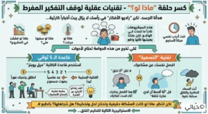 رسم توضيحي يعبر عن صفاء الذهن ووقف التفكير المفرط، لأننا نستحق أن نعيش بهدوء وسلام داخلي بعيداً عن ضجيج الأفكار