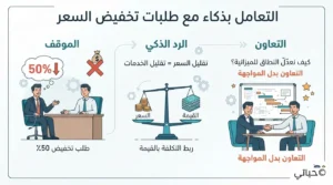توضيح تفاعلي لسيناريوهات عملية ذكية ومريحة للتفاوض مع العملاء بمرونة وهدوء